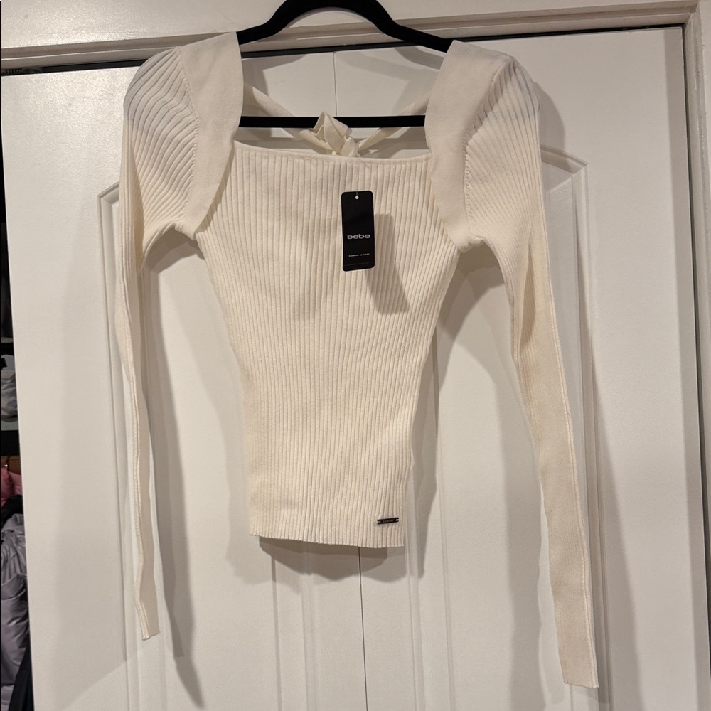 bebe knit tie back Cream Ribbed Knit Sweater medium NWT‎
